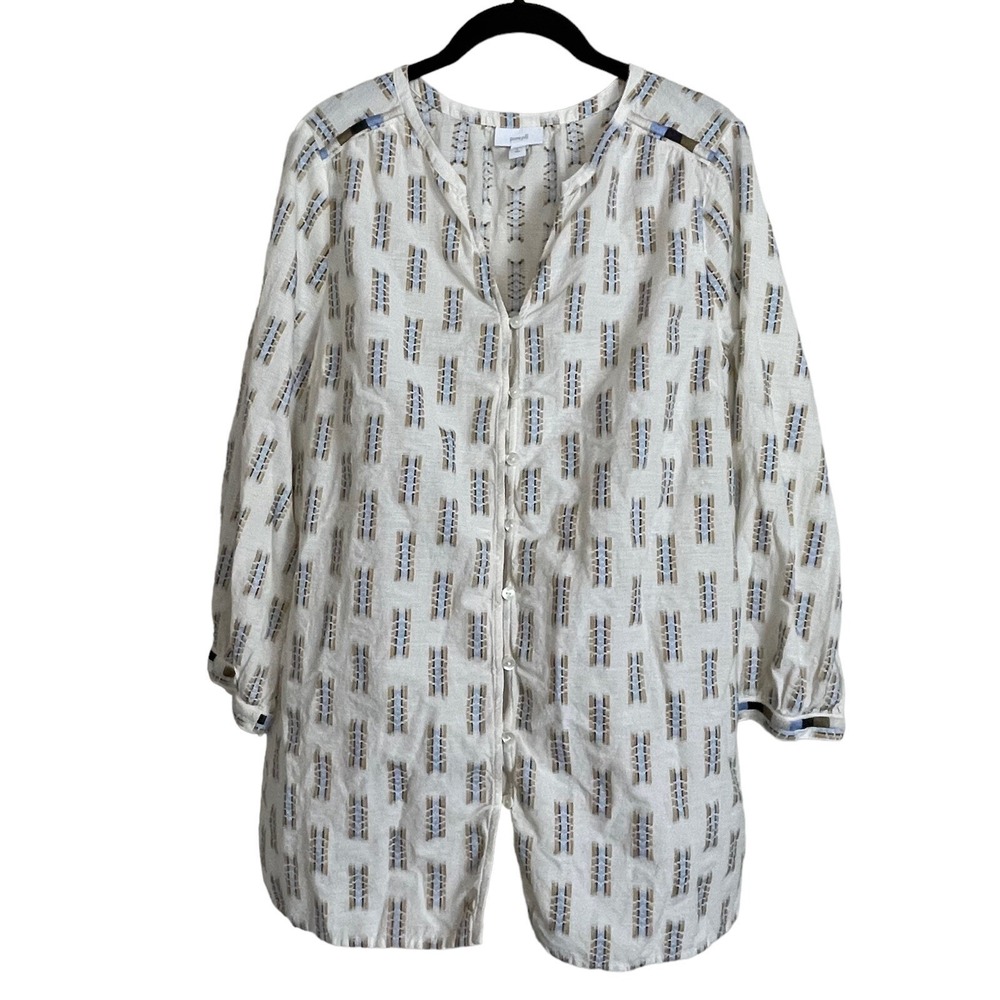 Pure Jill Tunic Womens L Tall White Blue Coastal Boho Cotton Blend Button Up